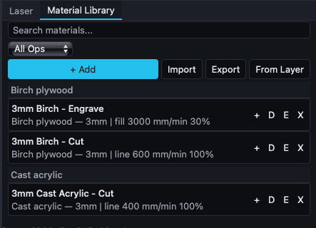 The Material Library panel with three saved presets.